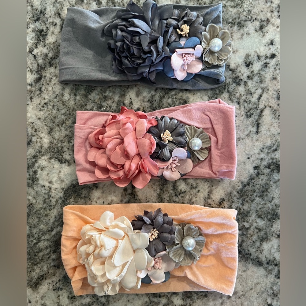 Floral Kids Headband Set - Gray, Pink, Peach
